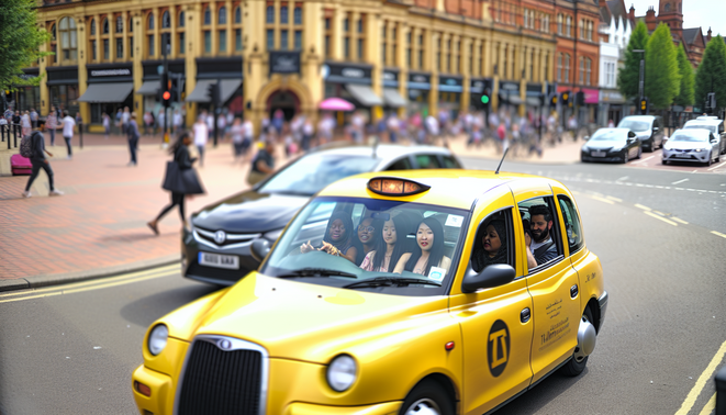 alt_text: A vibrant Birmingham street scene featuring a yellow taxi, landmarks, and diverse passengers.