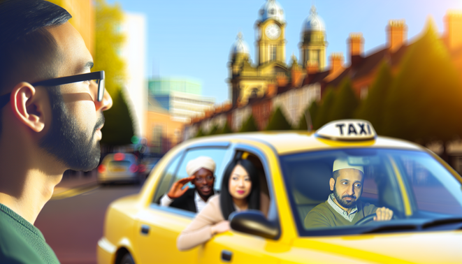 alt_text: Dynamic Birmingham taxi scene with landmarks, a yellow cab, and diverse passengers on a sunny day.