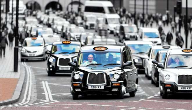 alt_text: A vibrant Birmingham street scene with diverse taxis, iconic landmarks, and happy passengers.