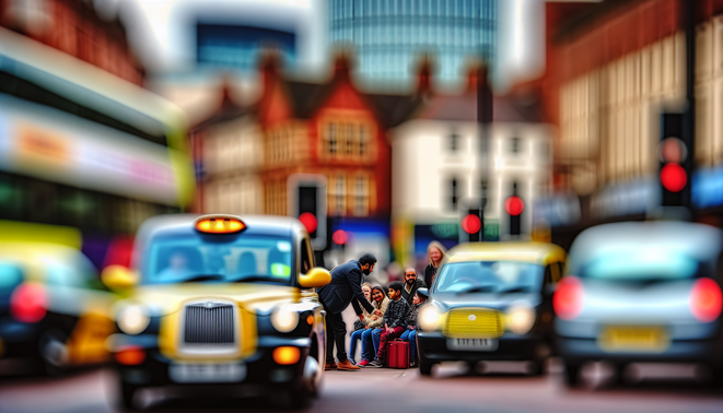 alt_text: A vibrant Birmingham taxi scene with diverse passengers, iconic landmarks, and a friendly driver.