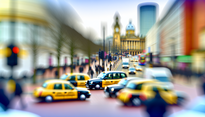 alt_text: A lively Birmingham taxi service scene with iconic landmarks, diverse taxis, and bustling city life.