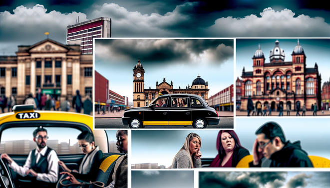 alt_text: A vibrant Birmingham taxi scene with cabs and people, showcasing iconic landmarks under a cloudy sky.