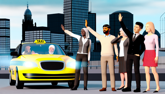 alt_text: A vibrant Birmingham cityscape with a modern taxi, friendly driver, and diverse passengers hailing rides.