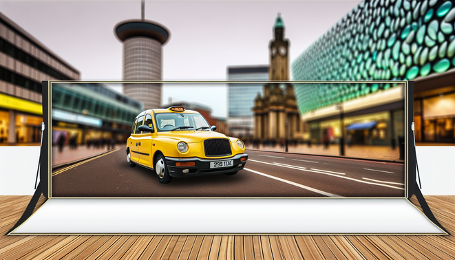 alt_text: A yellow taxi in Birmingham's vibrant urban scene, with skyline landmarks and a lively atmosphere.
