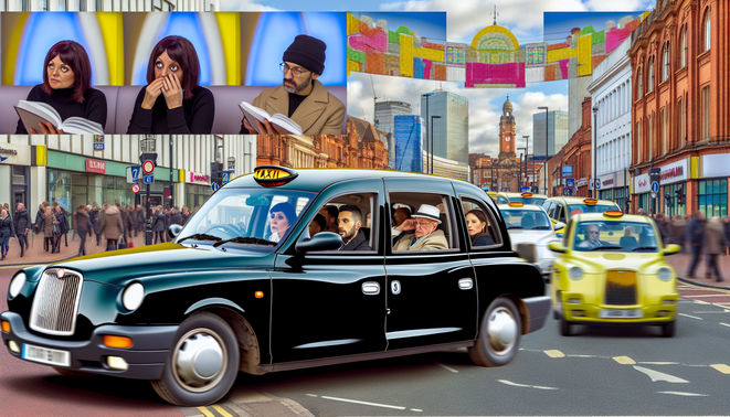 alt_text: Busy Birmingham street with taxis, iconic landmarks, diverse passengers, and vibrant urban life.