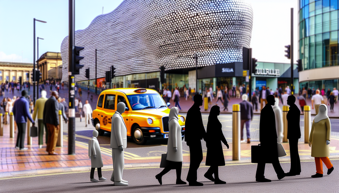 alt_text: A vibrant Birmingham street scene with taxis, pedestrians, and iconic landmarks like the Bullring.