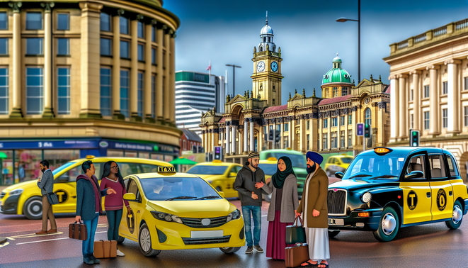 alt_text: "Vibrant Birmingham scene with diverse taxis, landmarks, and people, capturing the city's dynamic taxi service."