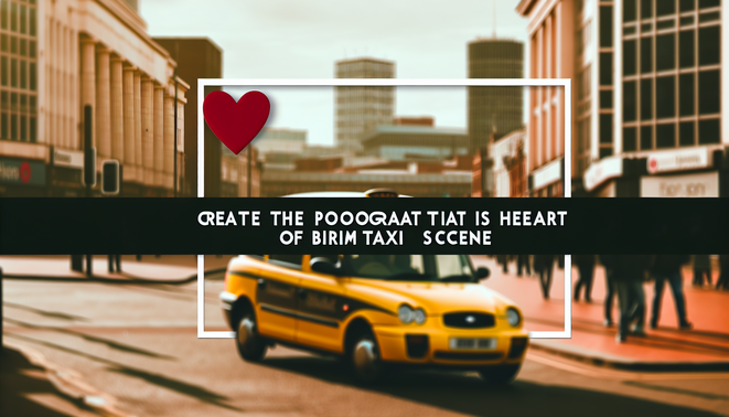alt_text: A vibrant Birmingham taxi scene with a yellow cab, skyline, busy streets, and diverse culture.