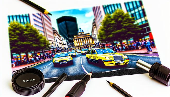 alt_text: A vibrant Birmingham taxi scene featuring iconic landmarks, bustling streets, and active drivers.
