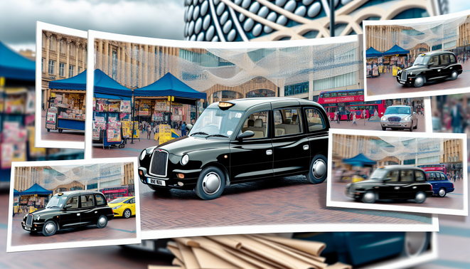alt_text: A dynamic scene of Birmingham's taxi service with iconic landmarks, street vendors, and diverse taxis.