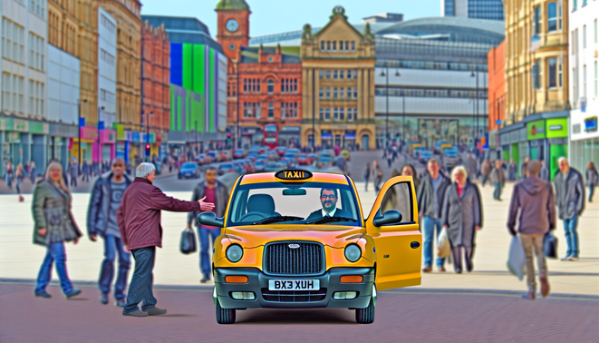 alt_text: A vibrant Birmingham taxi scene with landmarks, diverse people, and a friendly driver welcoming passengers.