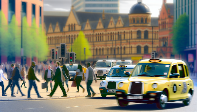 alt_text: A vibrant Birmingham taxi scene with diverse cars, landmarks, pedestrians, and golden afternoon light.