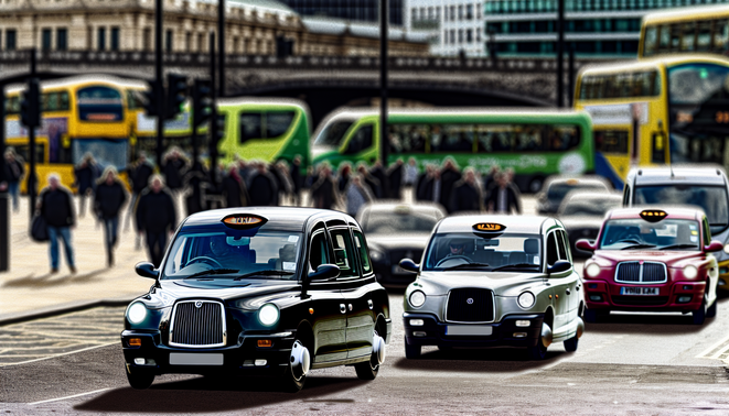 alt_text: Birmingham's vibrant taxi service with black cabs, rideshares, landmarks, and bustling pedestrians.