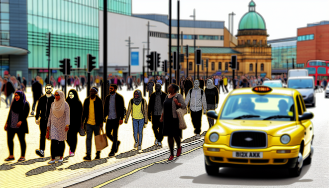alt_text: A vibrant Birmingham street scene with a yellow taxi, iconic landmarks, and diverse pedestrians.