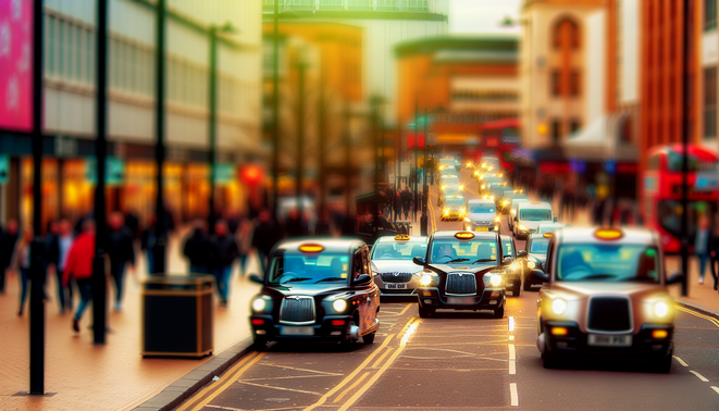 alt_text: "Busy Birmingham street with diverse taxis, landmarks, and vibrant urban life in early evening light."