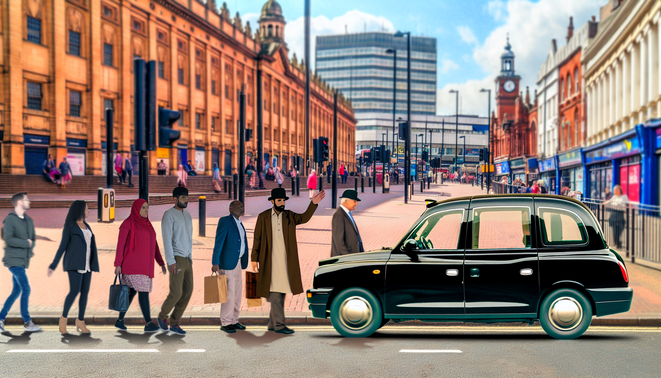 alt_text: "Vibrant Birmingham street scene with a black cab, diverse people, and iconic landmarks."