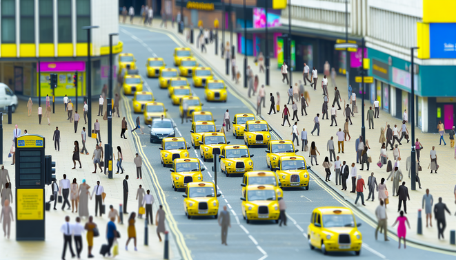 alt_text: A lively Birmingham street with taxis, pedestrians, landmarks, and vibrant local culture.