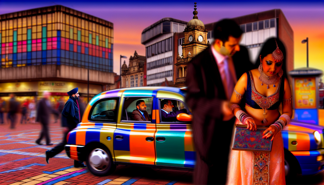 alt_text: A vibrant Birmingham street with a colorful taxi, iconic landmarks, and diverse passengers.