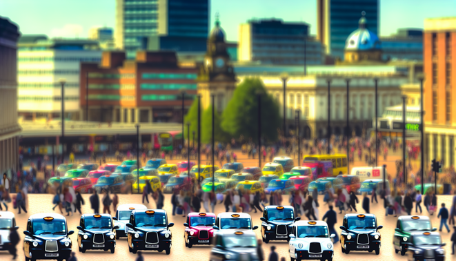alt_text: Vibrant Birmingham taxi scene with diverse vehicles, landmarks, and lively urban culture.