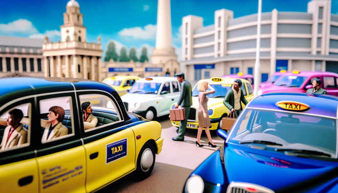 alt_text: A vibrant Birmingham taxi scene with diverse taxis, landmarks, people, and a sunny atmosphere.