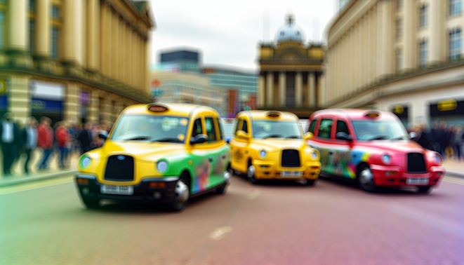 alt_text: A vibrant scene of Birmingham's taxis amidst iconic landmarks, capturing the city's lively energy.