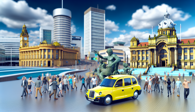 alt_text: A vibrant Birmingham street scene featuring a yellow taxi, iconic landmarks, and lively interactions.
