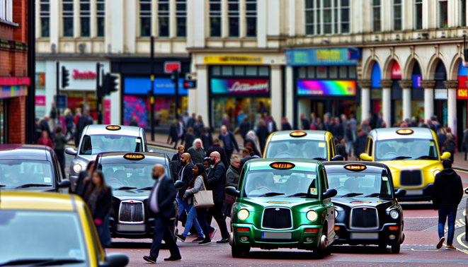 alt_text: A lively Birmingham street scene with taxis, passengers, and vibrant storefronts against the skyline.
